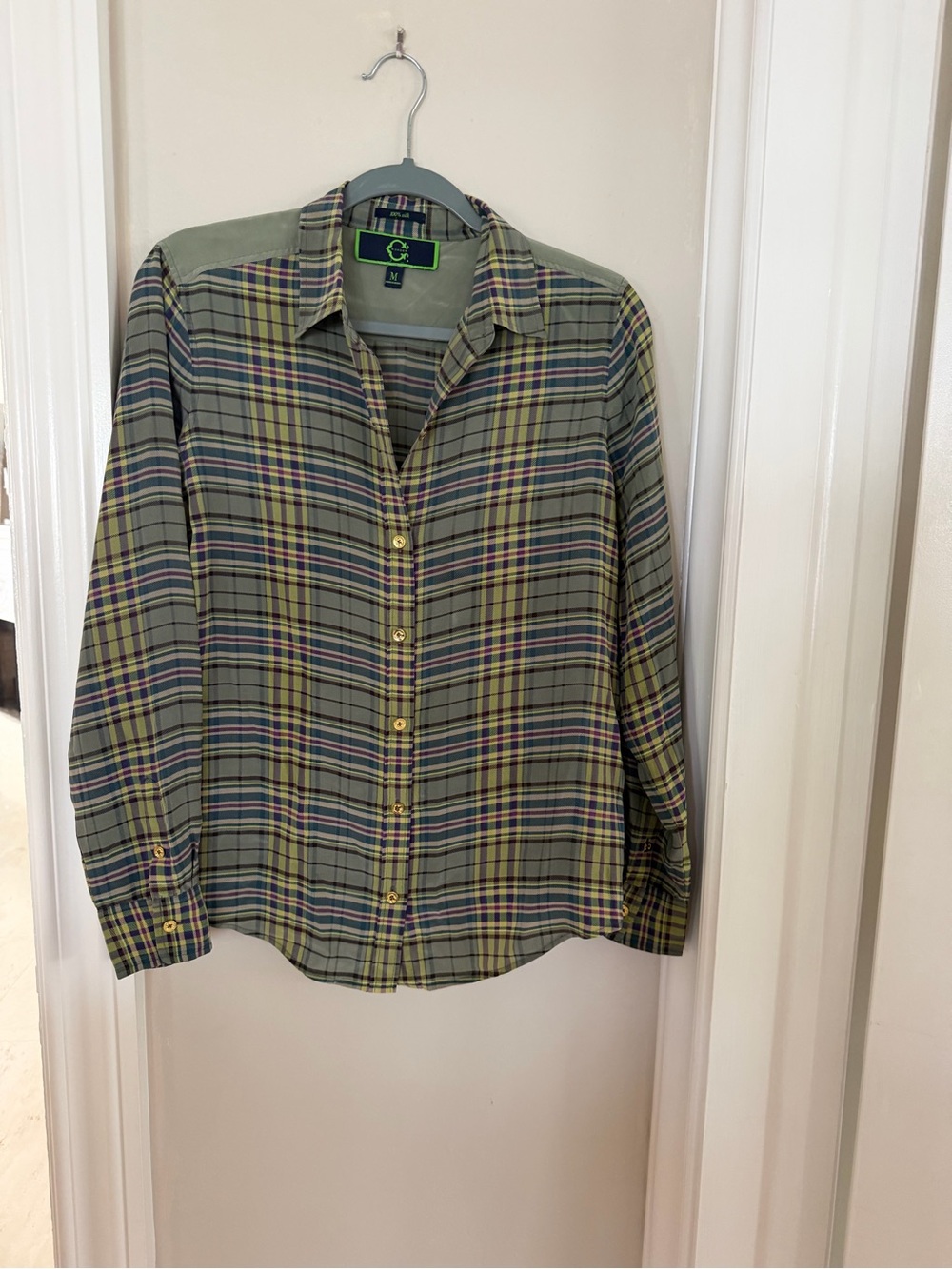 Silk Plaid Button-Up Shirt with Subtle sage green , Purple & dark green plaid